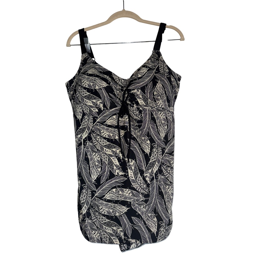 Amoena‎ Ibiza Sarong Black Feather Print Swimsuit Plus Size 18B